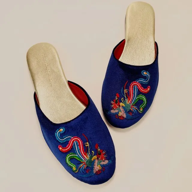 Embroidered phoenix in royal blue velvet mules slippers