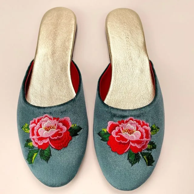 Embroidered peony in teal velvet mules slippers