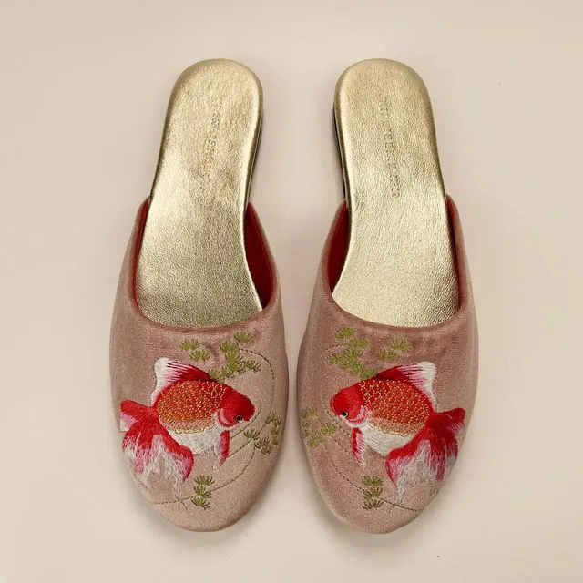 Embroidered peony in Dusty Pink velvet mules slippers