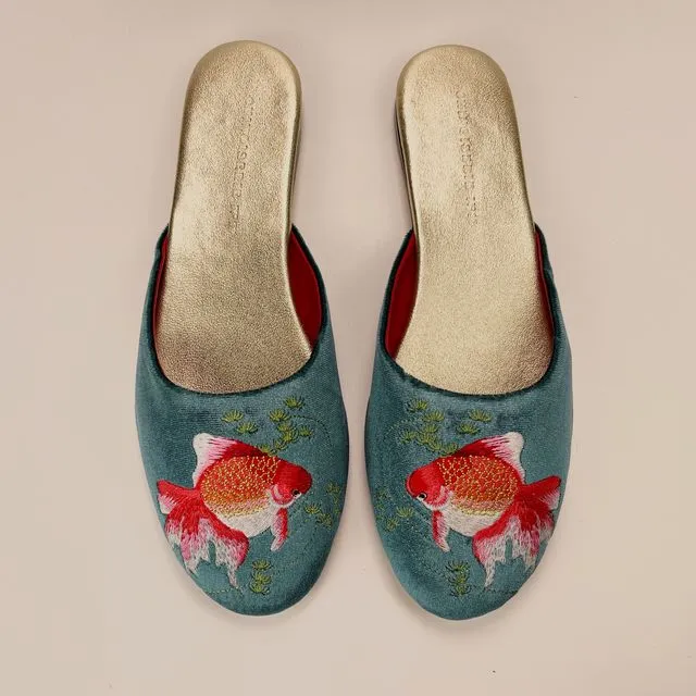 Embroidered goldfish in teal velvet mules slippers