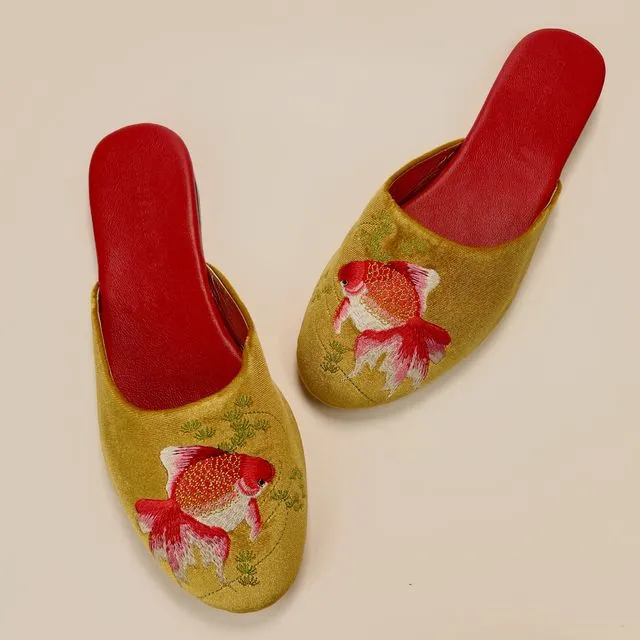 Embroidered goldfish in gold velvet mules slippers