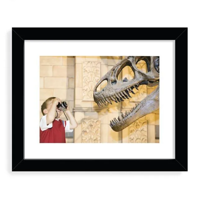 Boy photographing Dinosaur Designer Framed Art Print