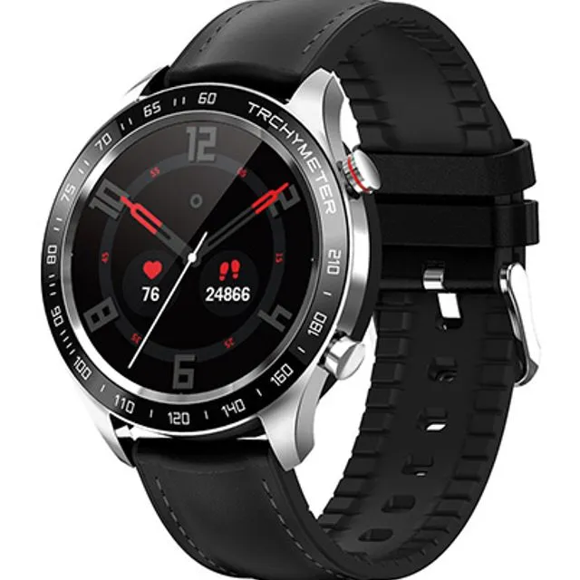 Smartwatch With Black Leather Strap And Stainless Steel Case DL109