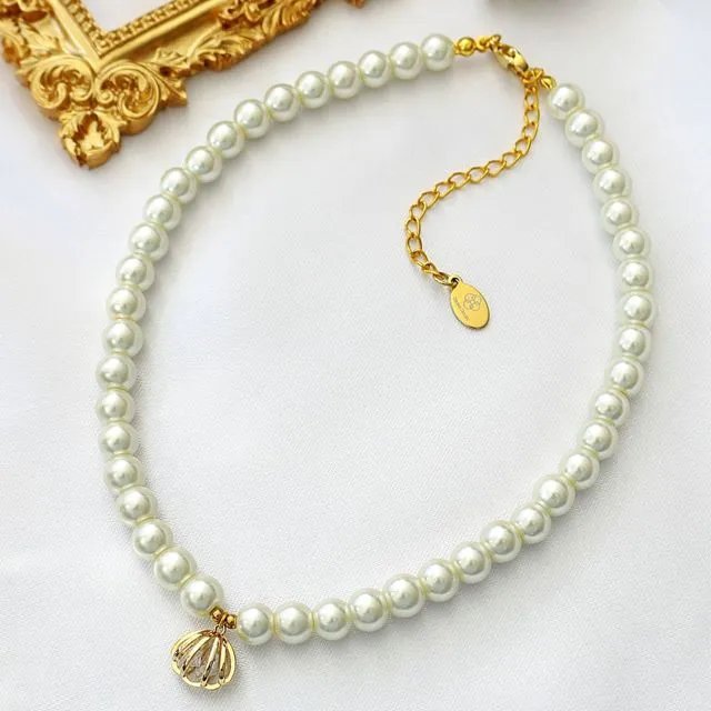 24K Czech Pearls and Seashell Charm Choker