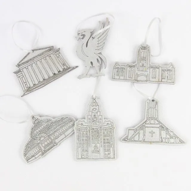 Silver Painted Liverpool Landmarks Christmas Decorations