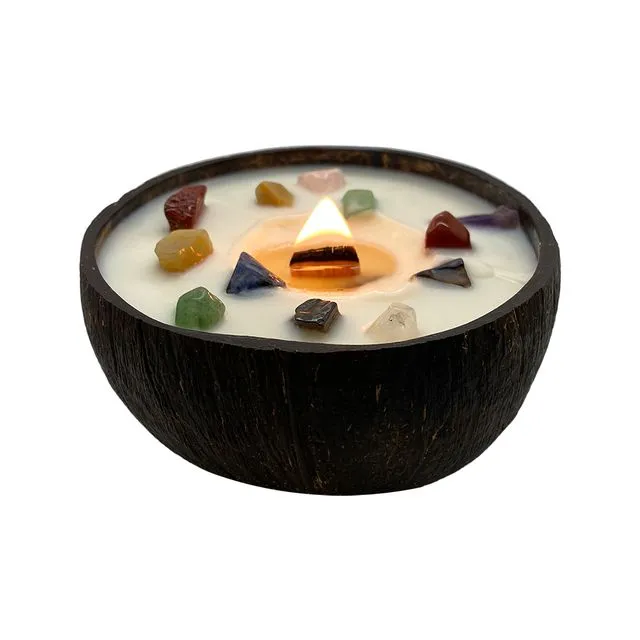 Vie Naturals Handmade Candle in a Natural Coconut Shell, Chakra Gemstones