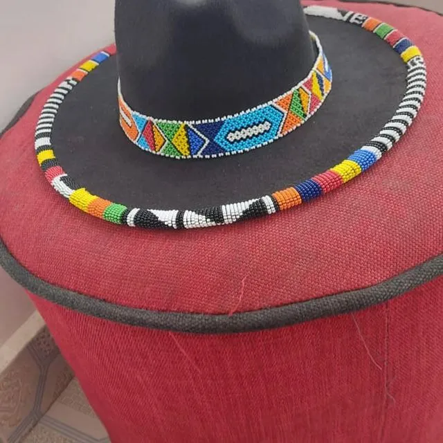 Zulu Beaded Fedora Hat (Doubled Layered) - Black Rainbow Beads