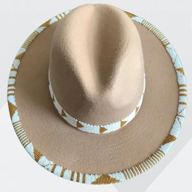 Zulu Beaded Fedora Hat (Doubled Layered) - Tan White Beads