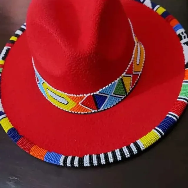 Zulu Beaded Fedora Hat (Doubled Layered) - Red Rainbow Beads