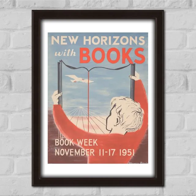 New Horizons With Books Vintage Library Print