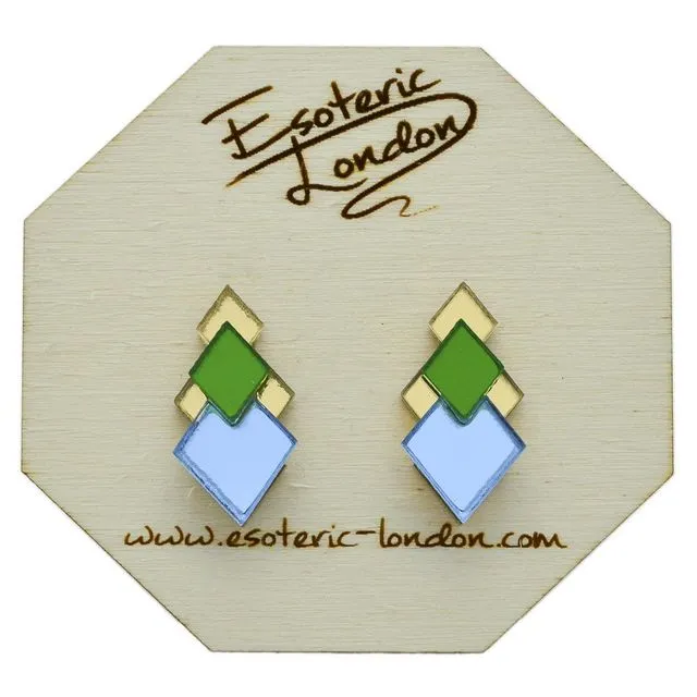 Classic Geometric Stud Earrings - Gold/ Green/ Blue