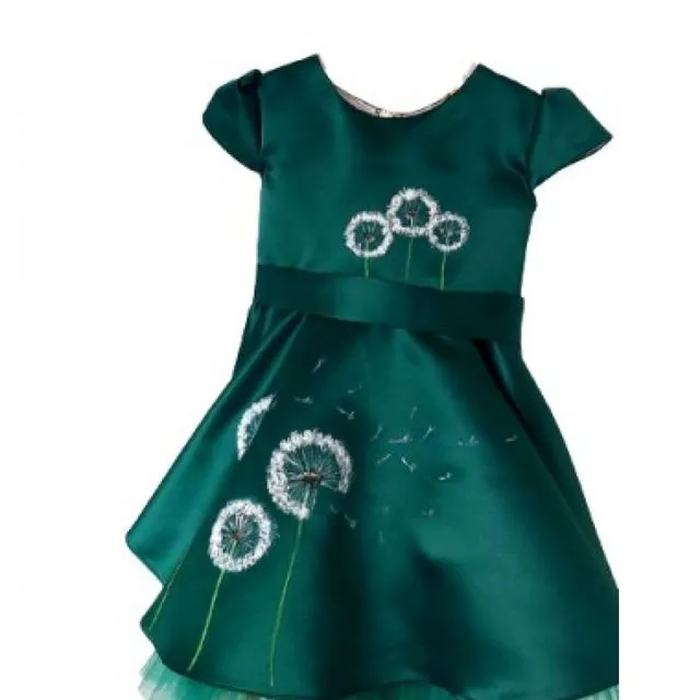 GREEN DREES FOR GIRLS HAND-PAINTED WITH DANDELIONS