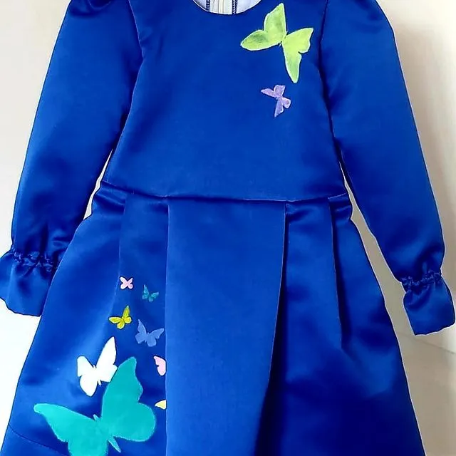 ROYAL BLUE DRESS FOR GIRLS HAND-PAINTED WITH BUTTERFLIES