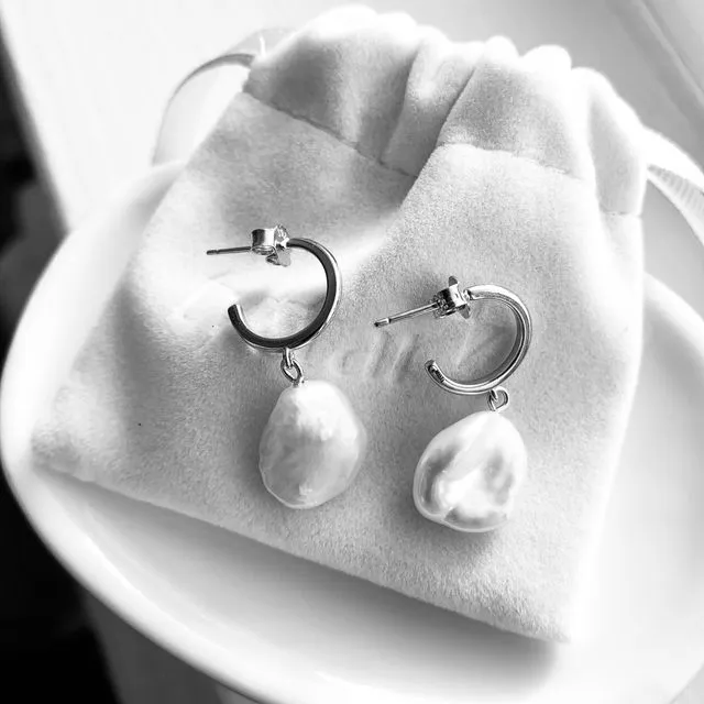 925 Sterling Silver Natural Baroque Pearl Dangle & Drop Earrings - Freshwater Irregular Real Pearls Wedding Hoop Earrings by Tyttar