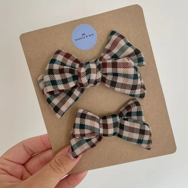 Handtied Chequered autumn hair bow clips- Large and Small