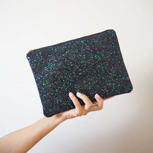 Black & Green Glitter Clutch Bag