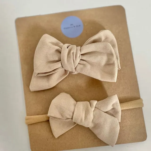 Handtied hair bow clips- Sand - Large and Small
