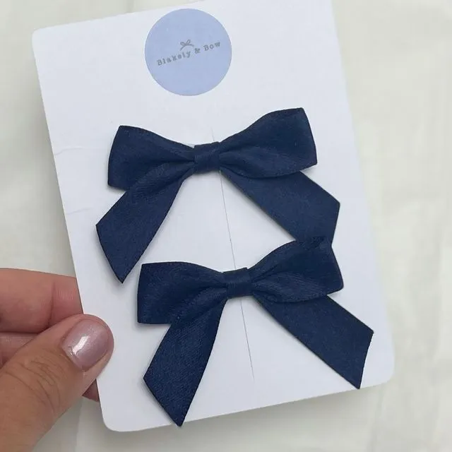 Pigtail suede satin hair bow clips-Navy blue