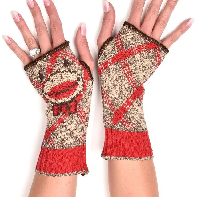 Women's Recycled Hand Warmer Fingerless Gloves -Monkey Plaid