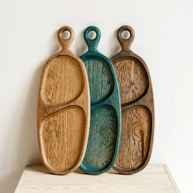 'SHE Design' oak long serving board with 2 compartments