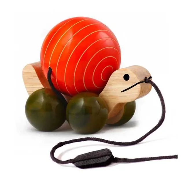 Pull Along Wooden Toy Turtle Rotating Shell Handmade Non Toxic - Orange