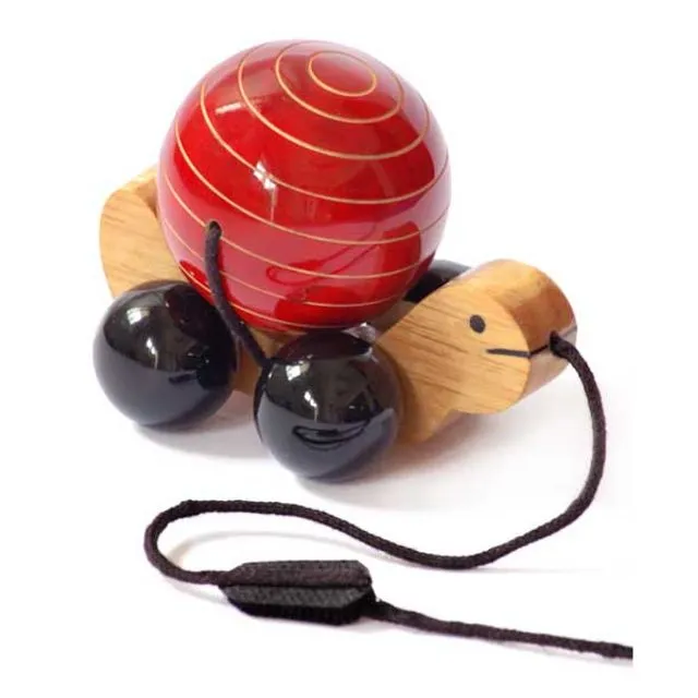 Pull Along Wooden Toy Turtle Rotating Shell Handmade Non Toxic - Red