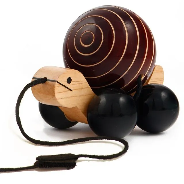 Pull Along Wooden Toy Turtle Rotating Shell Handmade Non Toxic Colours - Brown