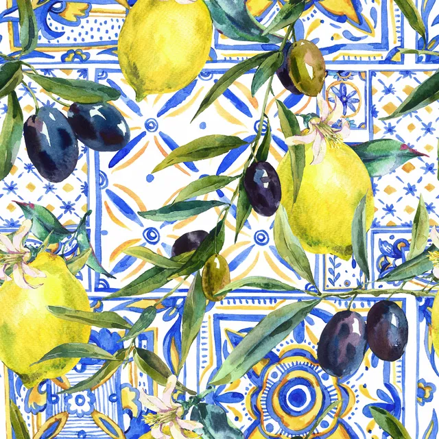 Blue and White Tile with Lemons and Olives Swedish Dishcloth