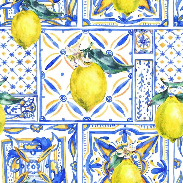 Blue and White Tile with Lemon in Tile Swedish Dishcloth