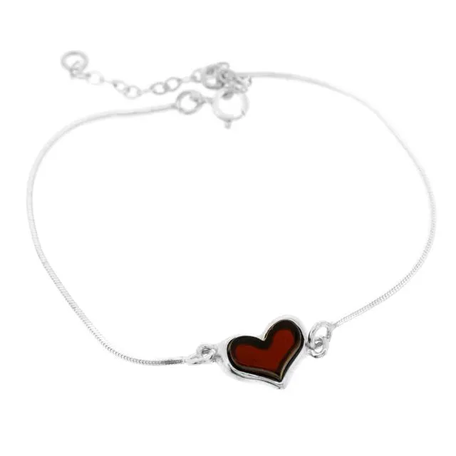 Sterling Silver and Cherry Amber Heart Snake Bracelet with Presentation Box