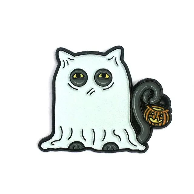 Spooky Glowing Ghost Cat Halloween Enamel Pin