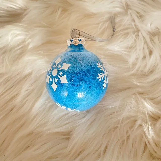 Blue and white snowflake Merry Christmas glass bauble 8cm