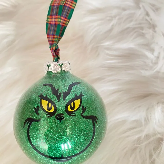 Green grinch Christmas glass bauble 8cm