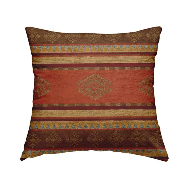 Chenille Fabric Kilim Aztec Orange Red Gold Pattern Cushions Piped Finish Handmade To Order-Medium