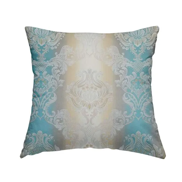 Damask Fabric Traditional Blue Cream Pattern Cushions Piped Finish Handmade To Order-Small
