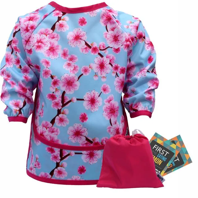 Weaning Bib With Sleeves and Travel Pouch - Cherry Blossom