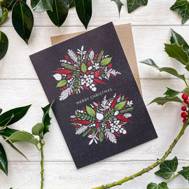 Recycled Christmas Card with pressed Winter Leaves, in a festive crown design