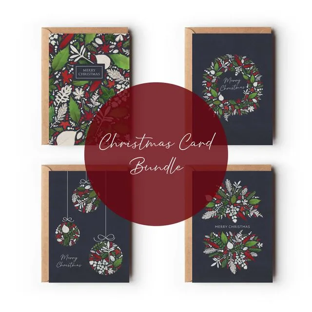 5x7 Christmas Greetings Card Bundle - Pressed Winter Leaves in 4 designs