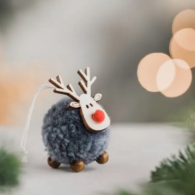 Cute Christmas Pom Pom/Wooden Elk Decoration - Grey