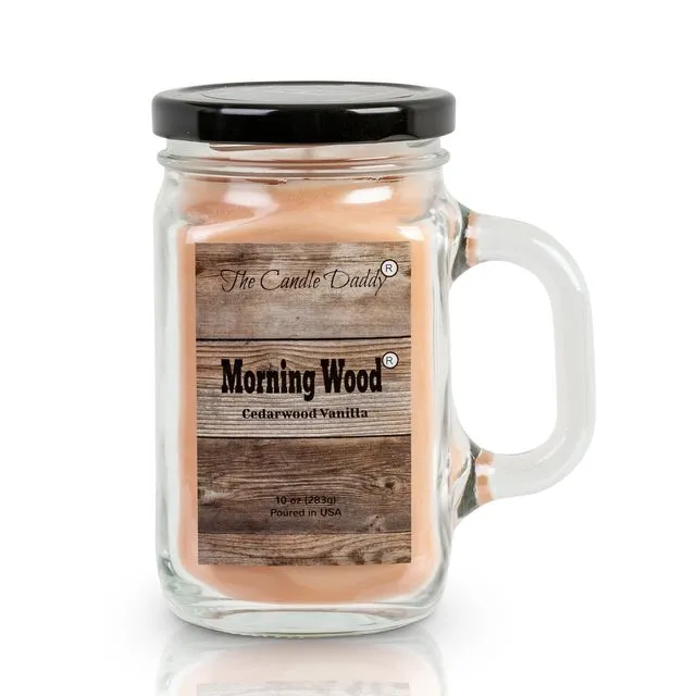 Morning Wood- Cedarwood Vanilla Scented Mason Jar with Handle  Candle- 10 Ounce- 80 Hour Burn- Made in USA