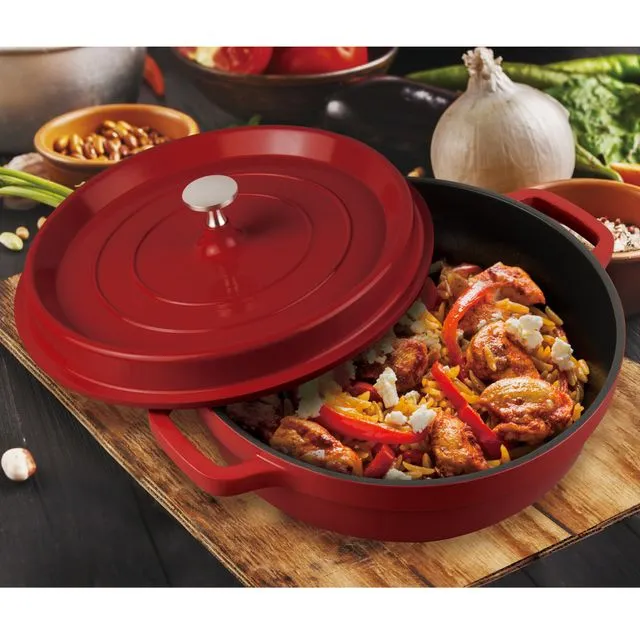 Masterpan Non-Stick Dutch Oven Casserole Dish with Lid 28cm / 3.8L, Induction Ready, Cast Aluminium, Oven & Dishwasher Safe, Red