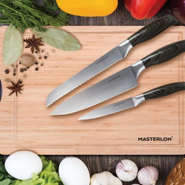 Masterpan Masterlon 4 Piece Knife Set, 20cm Chef's Knife, 20cm Bread Knife, 13cm Utility Knife & Bamboo Chopping Board, Extra-Sharp, Ergonomic Handles