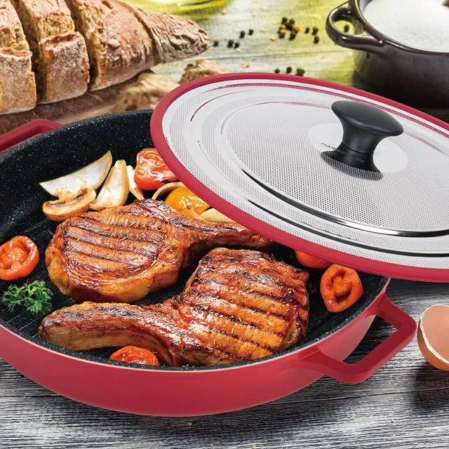 Masterpan Non-Stick Grill Pan 30cm, Stovetop Induction Oven, Heat-In Steam-Out Splatter Guard Lid with Silicone Handle Grips, Oven & Dishwasher Safe, Red