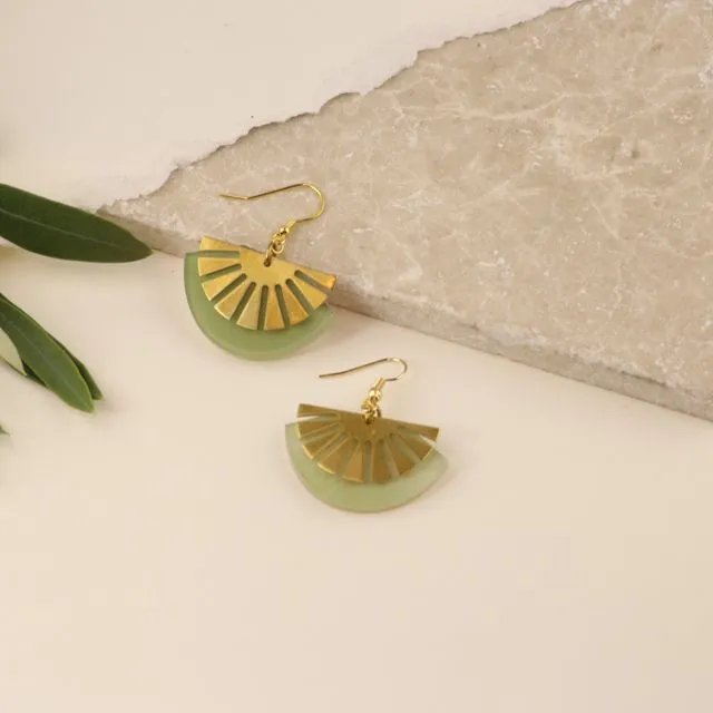 Sunset Brass & Natural Jade Stone Art deco acrylic gold vermeil Fan Drop earrings