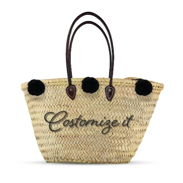 Monogrammed Straw Bag with Pompoms - Non Animal Leather