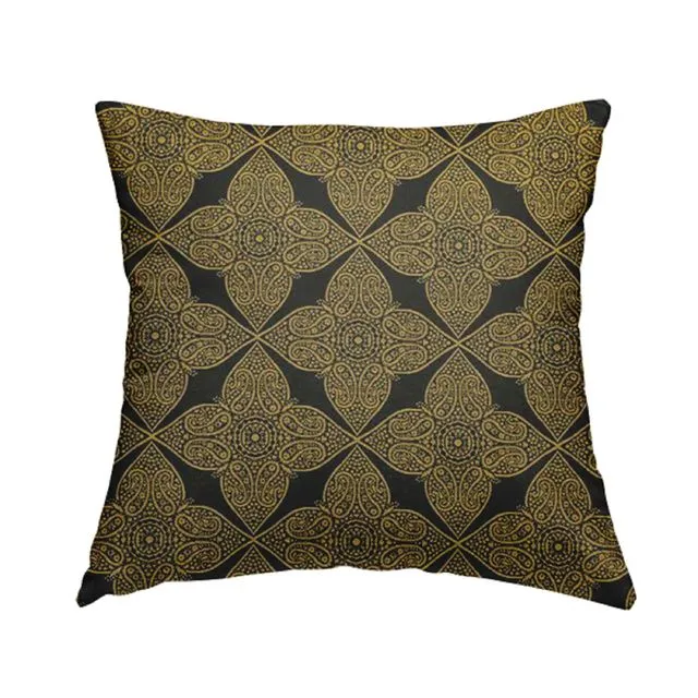 Chenille Fabric Medallion Black Gold Pattern Cushions Piped Finish Handmade To Order-Rectangle