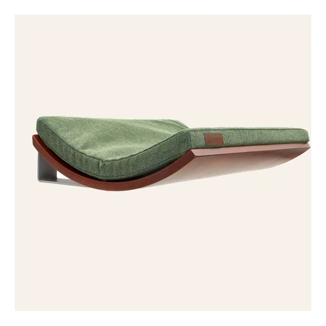Handmade wooden curved cat shelf CHILL | Elegant Green cushion | Walnut wood finish