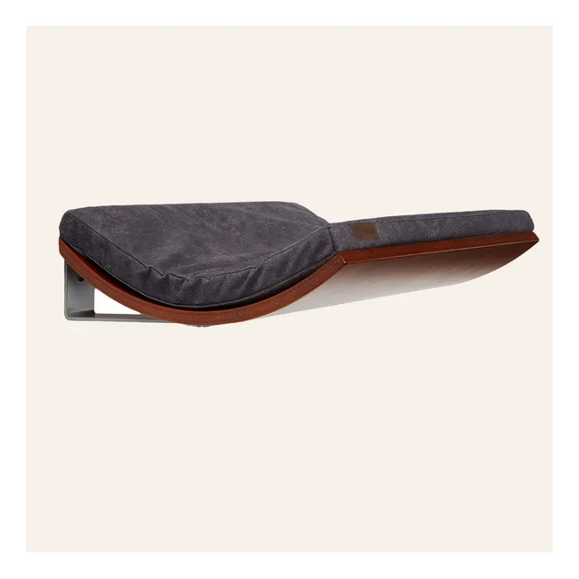 Handmade wooden curved cat shelf CHILL | Smooth Dark Grey cushion | Walnut wood finish