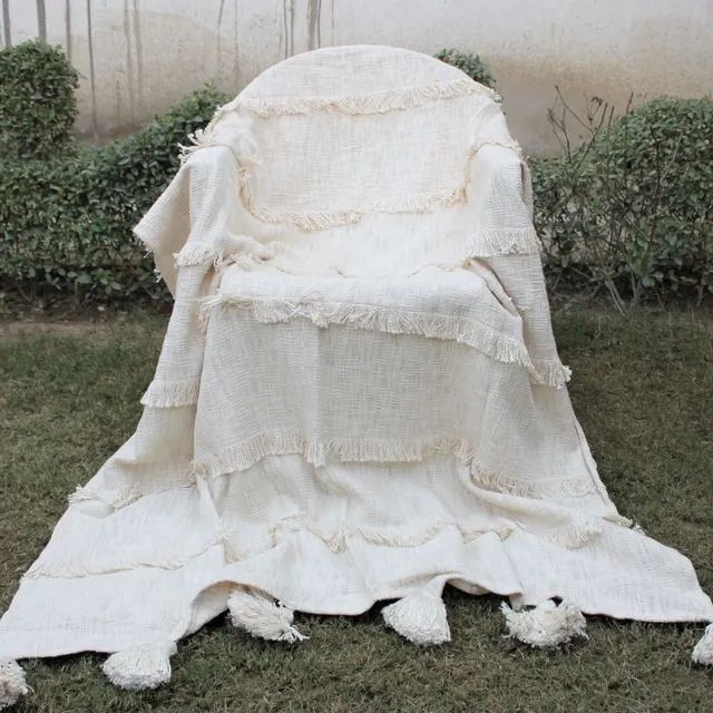 Ivory Frills Cotton Throw Blanket