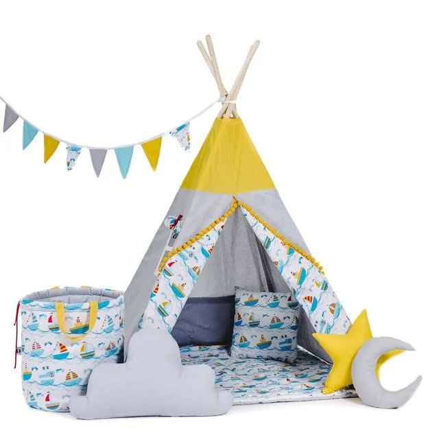 Child's Teepee Set Boats On The Waves Teepee, floor mat, two pillows, basket
